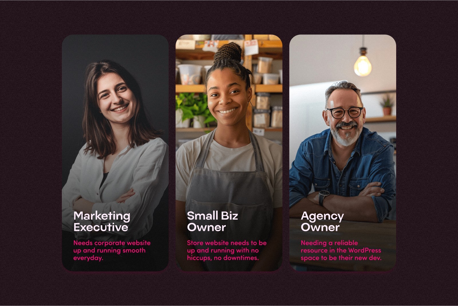 Three panels  Containing three human beings. In the first panel, a white marketing professional. In the second panel, a black woman baker. In the third panel, a white male wearing glasses, older agency owner. The panels each contain a lifestyle photographer. style and containing words that describe the person's job and description.