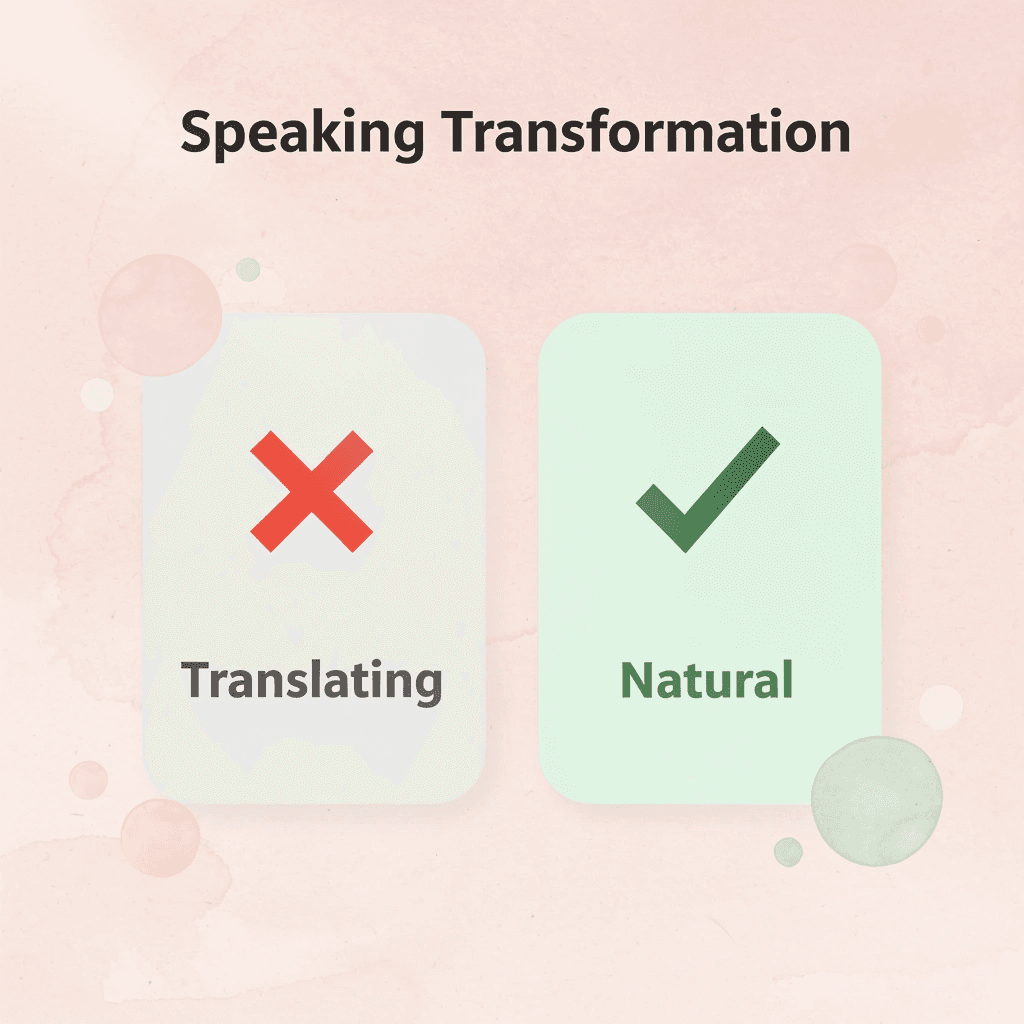 Before and after comparison showing transformation from translating to natural speaking