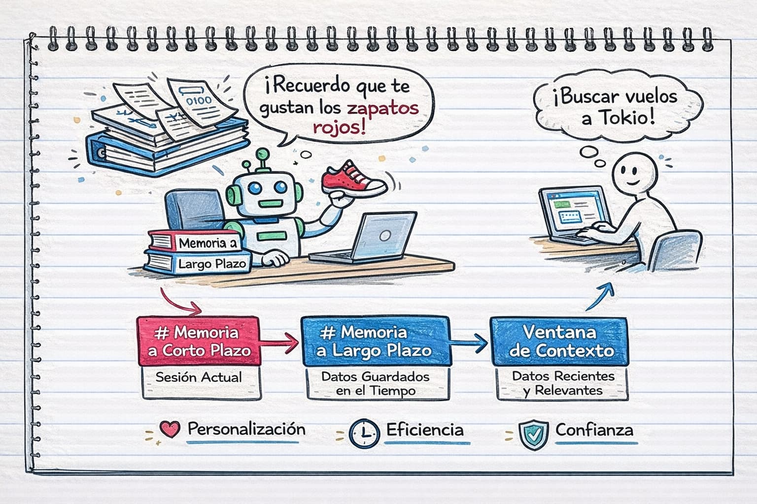 Ilustración estilo doodle en hoja de cuaderno con líneas horizontales. Un robot amigable sentado en un escritorio sostiene un tenis rojo y dice “¡Recuerdo que te gustan los zapatos rojos!”, junto a libros etiquetados como memoria. A la derecha, una persona usa una laptop con el pensamiento “¡Buscar vuelos a Tokio!”. En el centro aparecen tres bloques conectados: Memoria a Corto Plazo (Sesión Actual), Memoria a Largo Plazo (Datos Guardados en el Tiempo) y Ventana de Contexto (Datos Recientes y Relevantes). En la parte inferior hay íconos de Personalización, Eficiencia y Confianza. Estilo boceto a mano con acentos en azul y rojo.