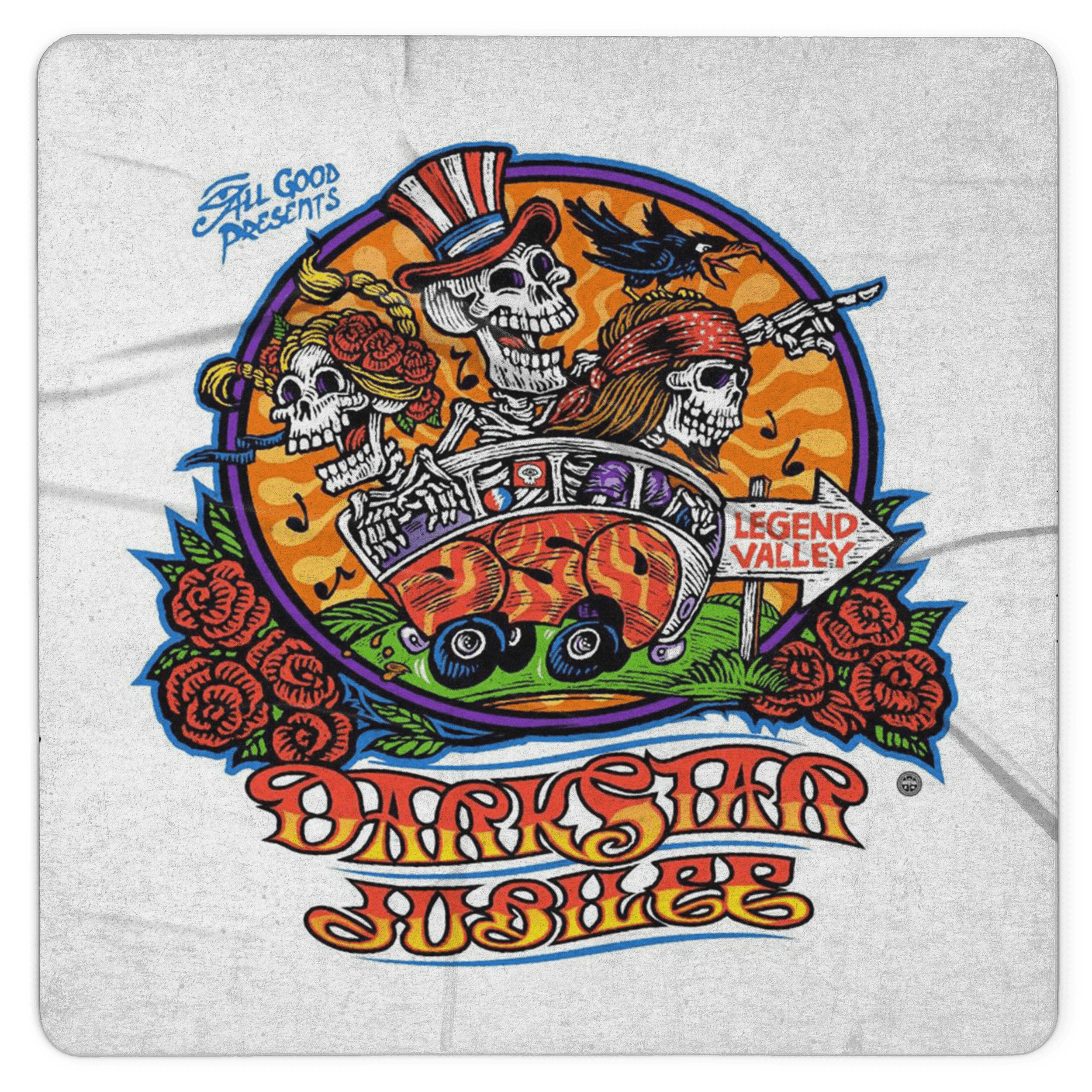 Illustration featuring a colorful design with animals and a vehicle, set against a vibrant, playful background.