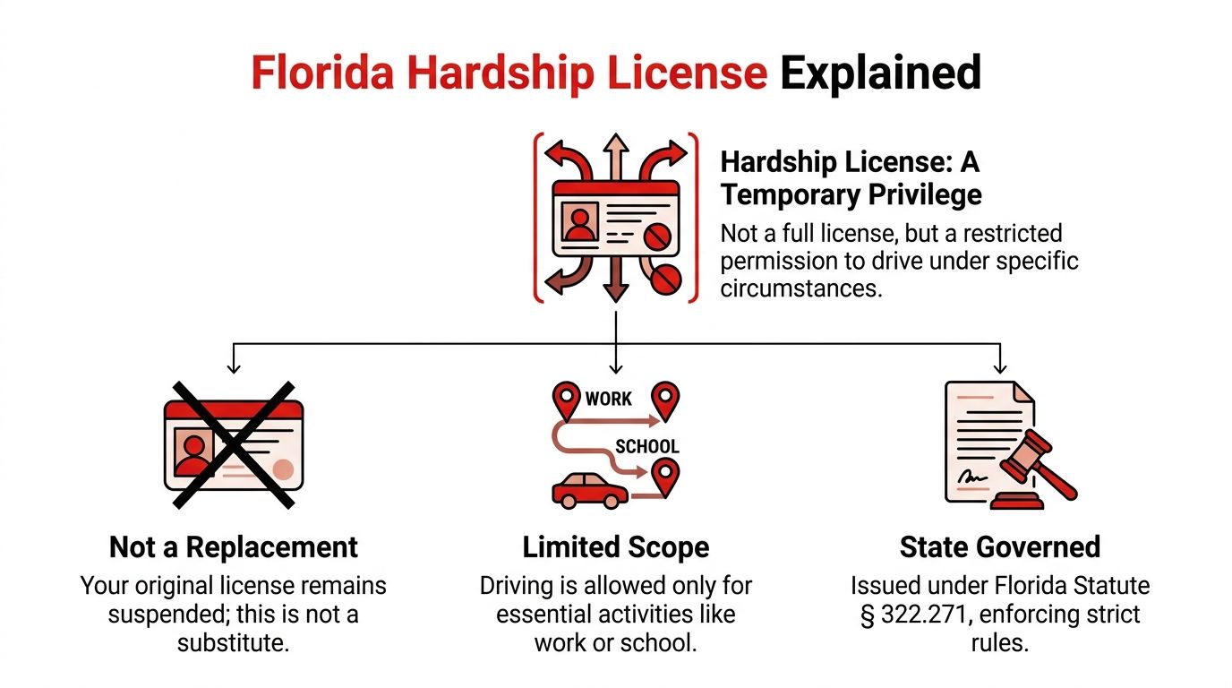 An infographic explaining Florida hardship license restrictions, highlighting its limited scope, legal status, and temporary nature.
