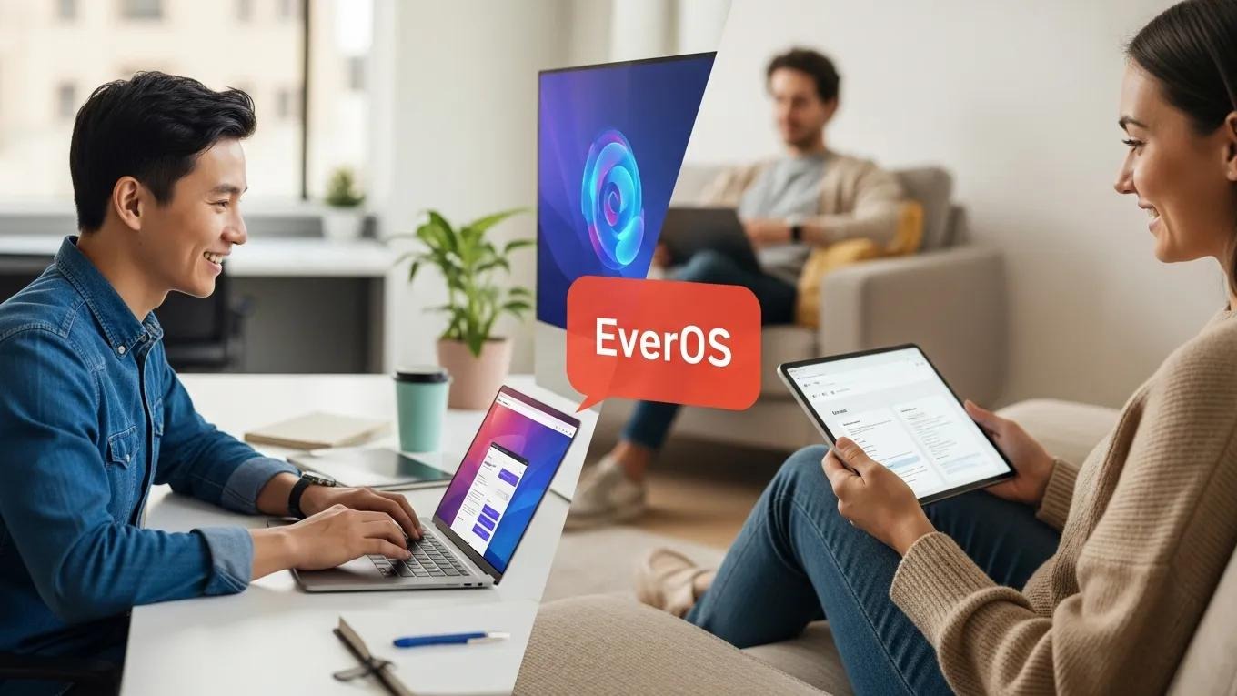 Lifestyle representation of users engaging with EverOS and Mem0 productivity tools