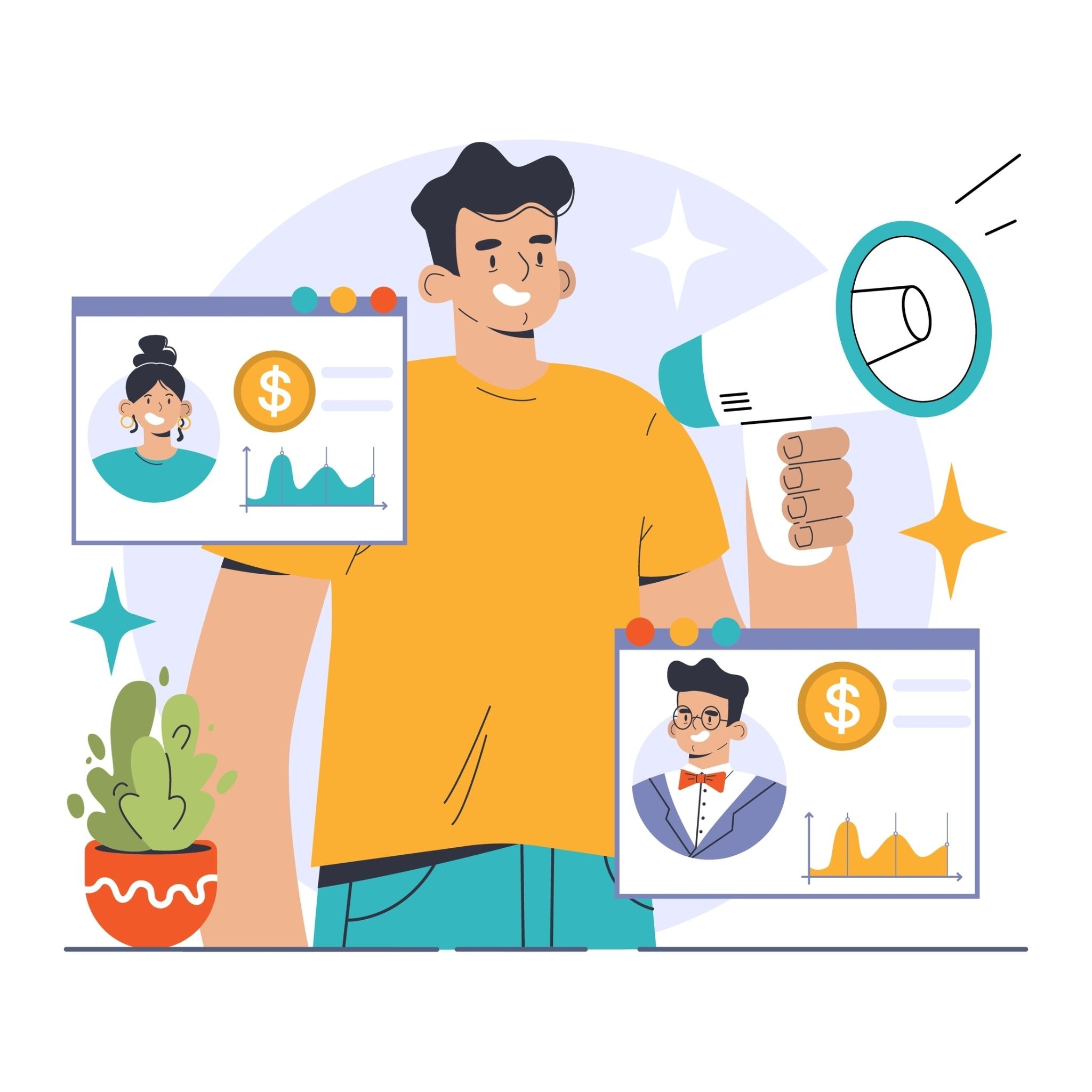 Illustration of a marketer holding a megaphone and two creator profile cards with payment and performance data