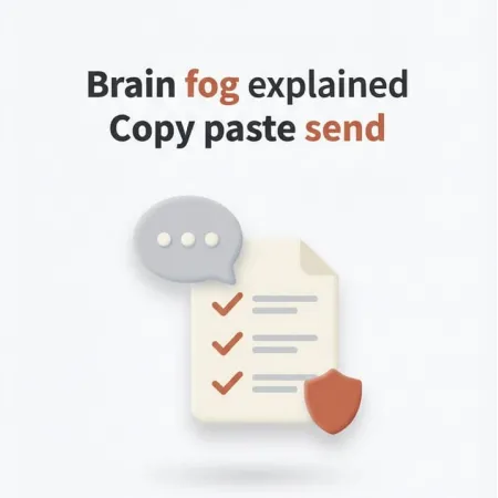 Brain fog explained AI prompt thumbnail showing chat bubble, checklist, and shield icon for menopause coaches to send a warm, non-medical client explanation with clinician safety line