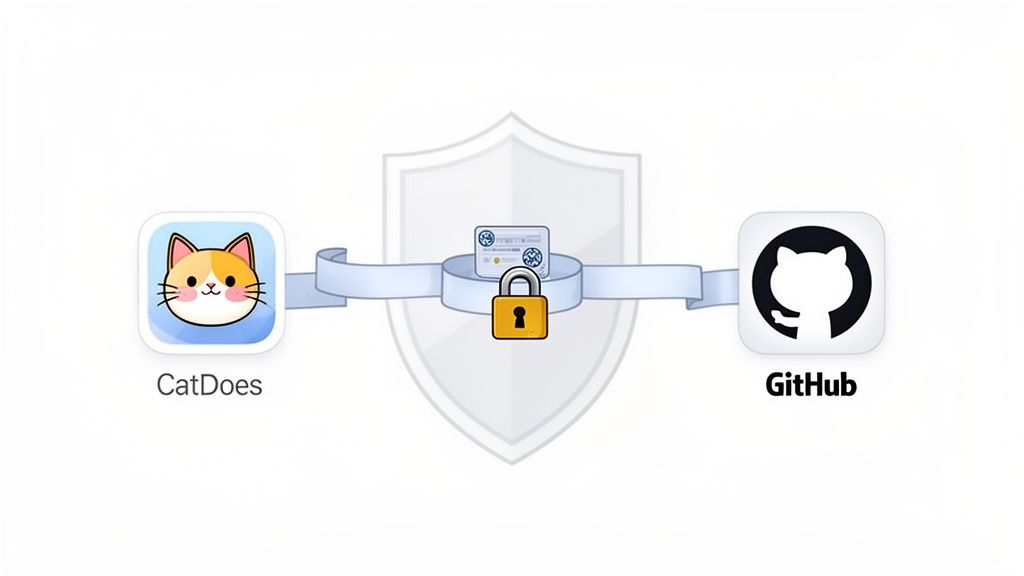 CatDoes app icon securely connected to GitHub app icon, protected by a shield and padlock.