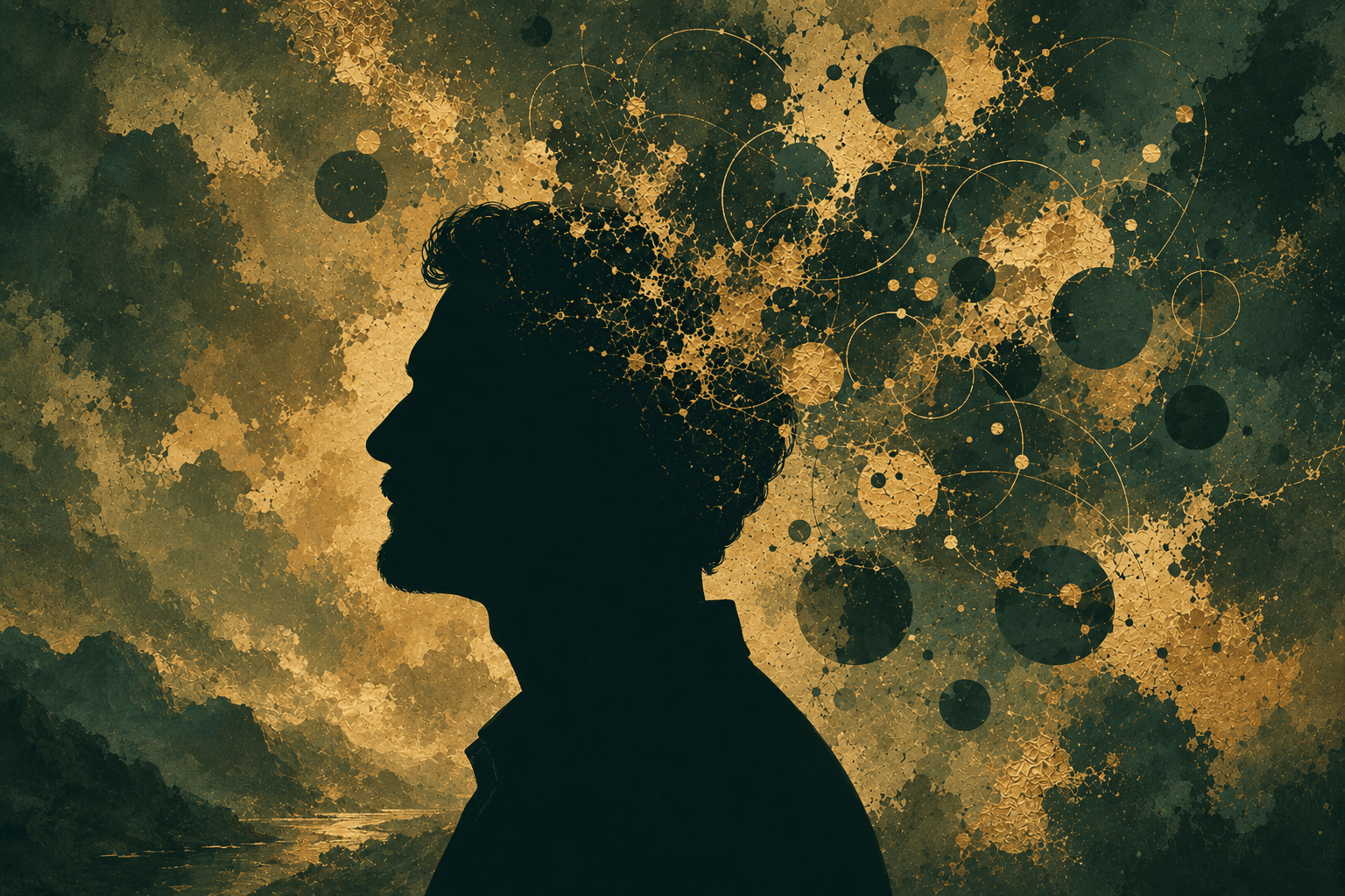 Abstract swirling patterns of teal, dark blue, and hints of orange, resembling a fluid cosmic design.
