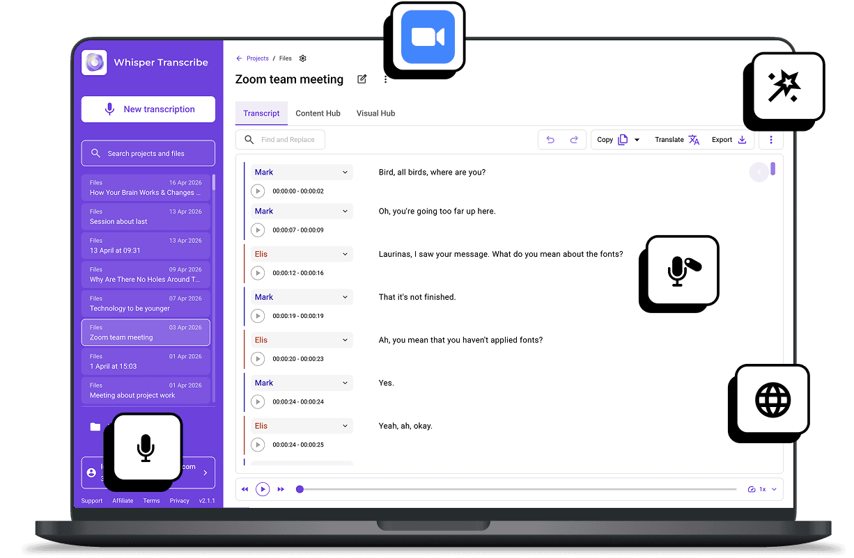 WhispeerTrasncribe interface for Meetings