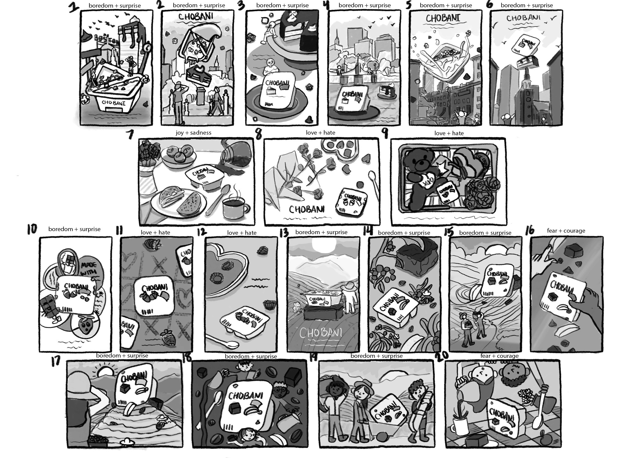 Thumbnails. After deciding my focus to advertise the Chobani Flip, I explored many avenues of flavors, possible campaign themes, compositions, and emotions. I end up making tight sketches 5 and 14.