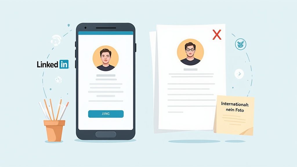 LinkedIn-Profil mit Foto und traditioneller Lebenslauf ohne Foto mit Hinweis 'International: nein Foto'.