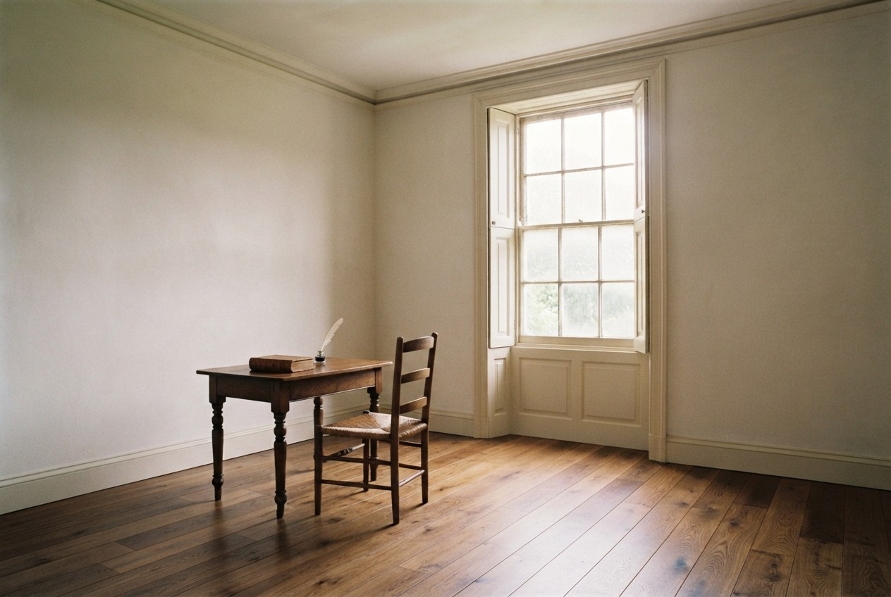 The restored Georgian room with limewashed walls, a repaired sash window and oiled floorboards, another angle