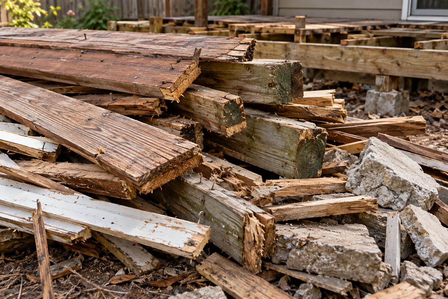 Weathered timber and concrete debris from a small deck demolition.