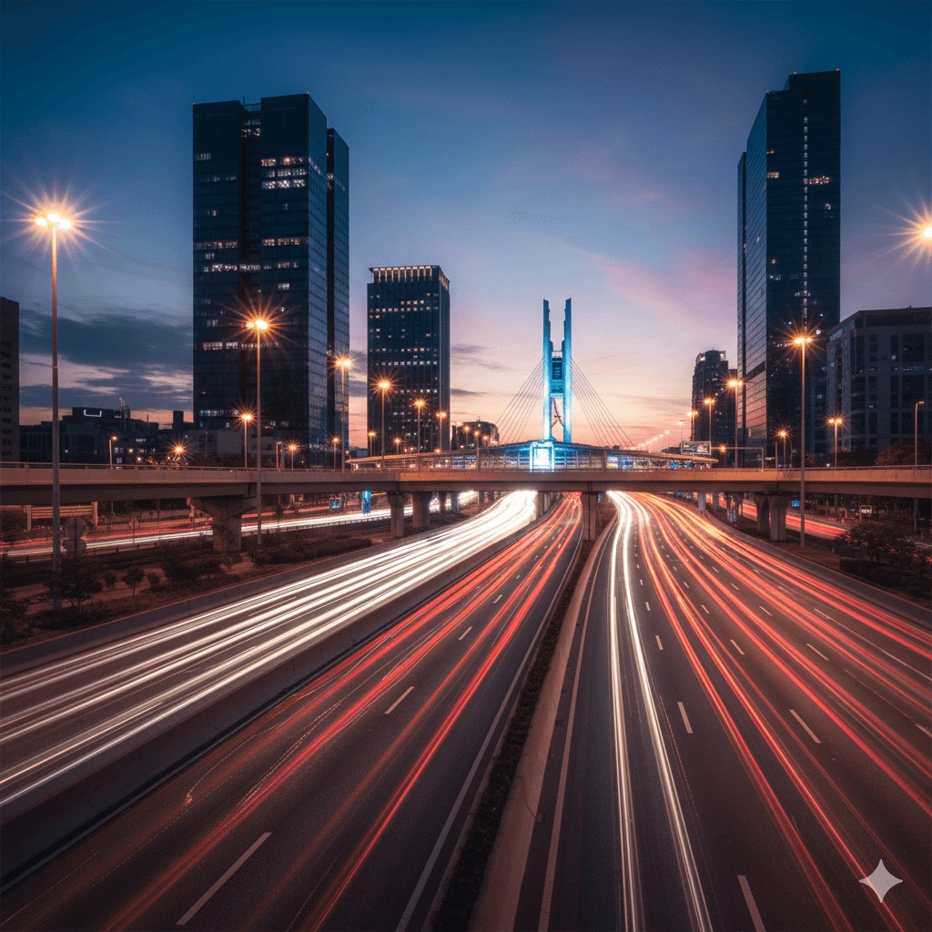 Blurry image of a high-speed highway intersection at dusk, excellent connectivity, Sector 79