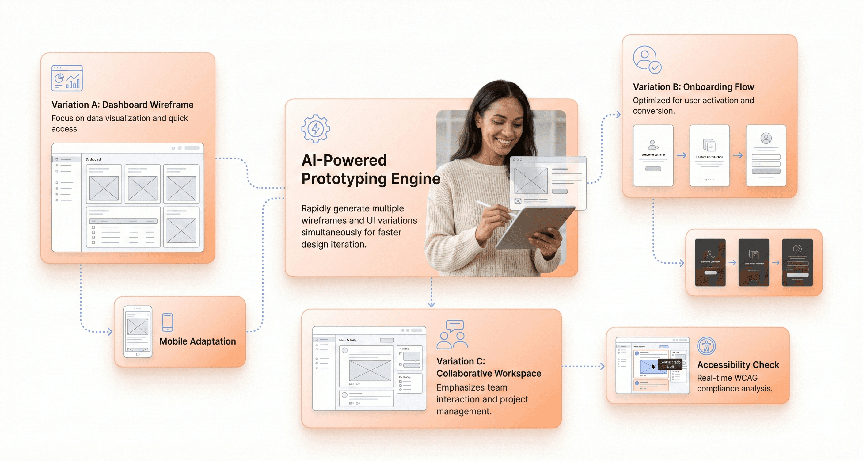 AI-assisted rapid prototyping process generating multiple SaaS wireframes and UI variations to speed up design and iteration.