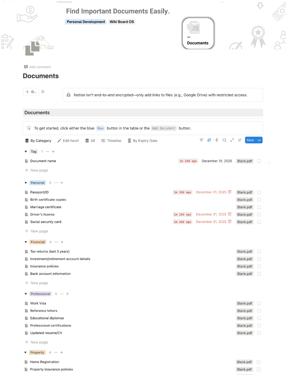 Documents Notion Template - Track and Access Your Important Files in One Place (full template preview)