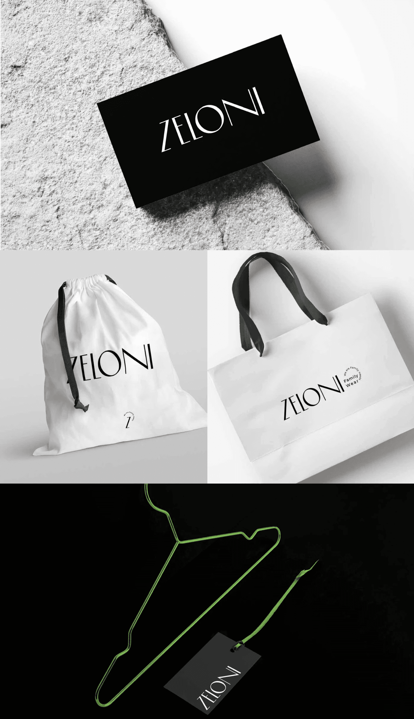 Three minimalist green and beige handbags displayed on pedestals with plants