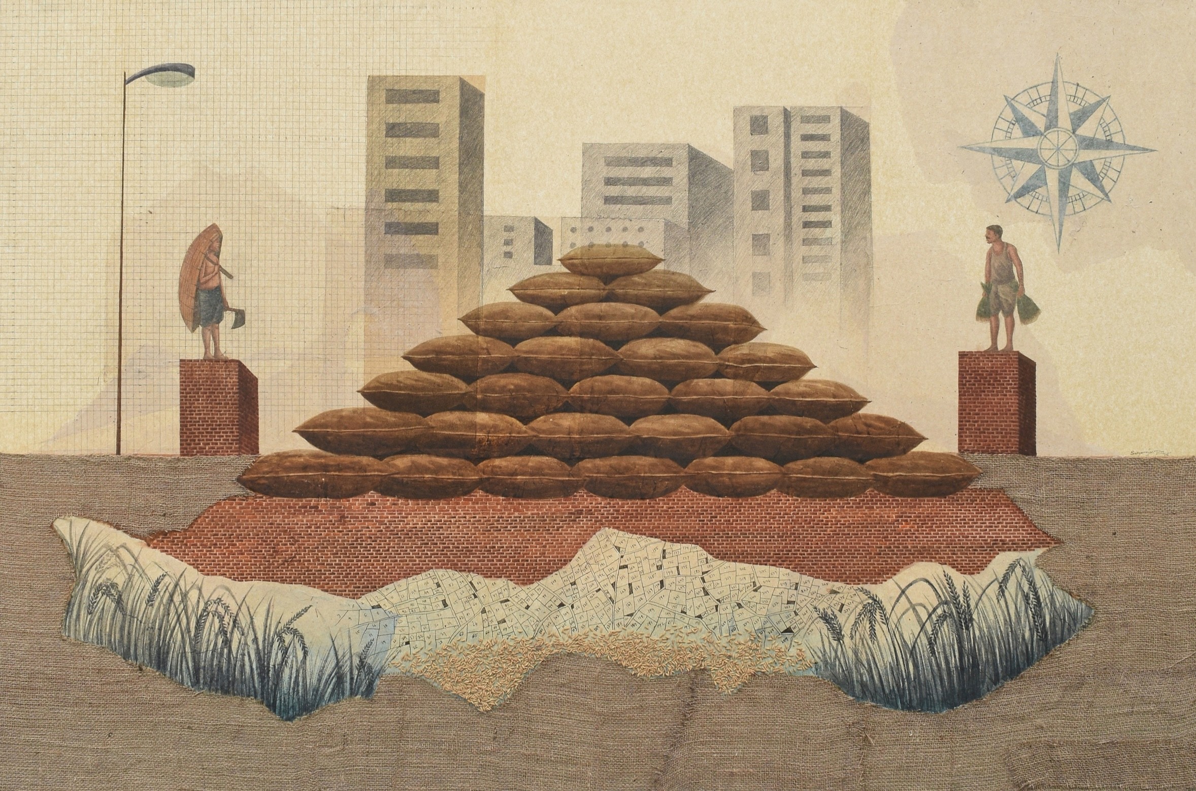 herd of sheep on road painting