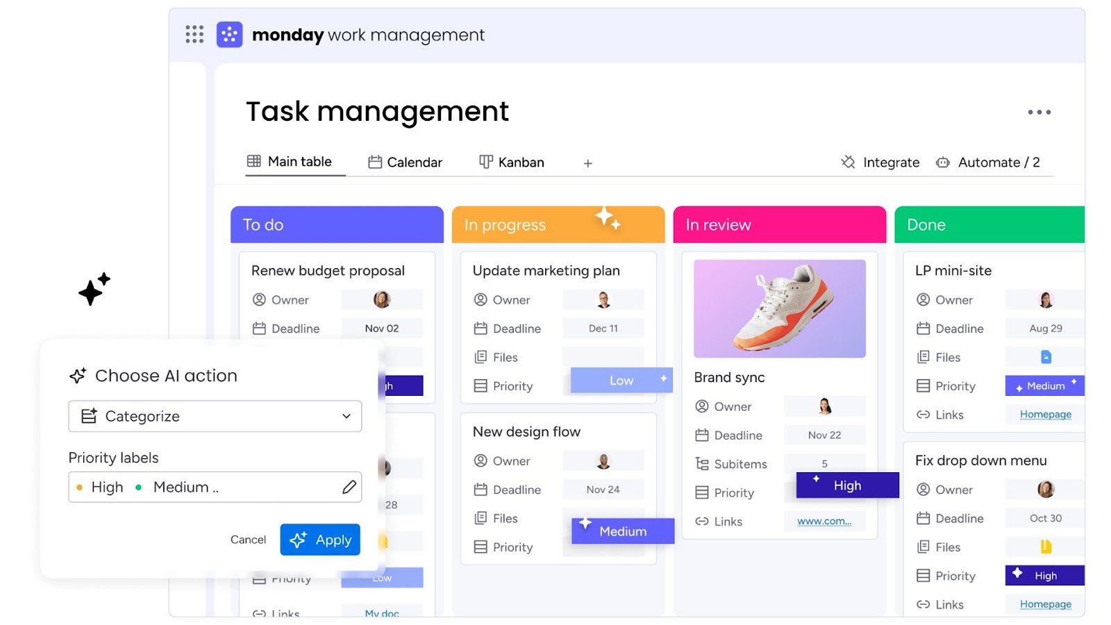 Monday.com's customizable task management board with workflow columns