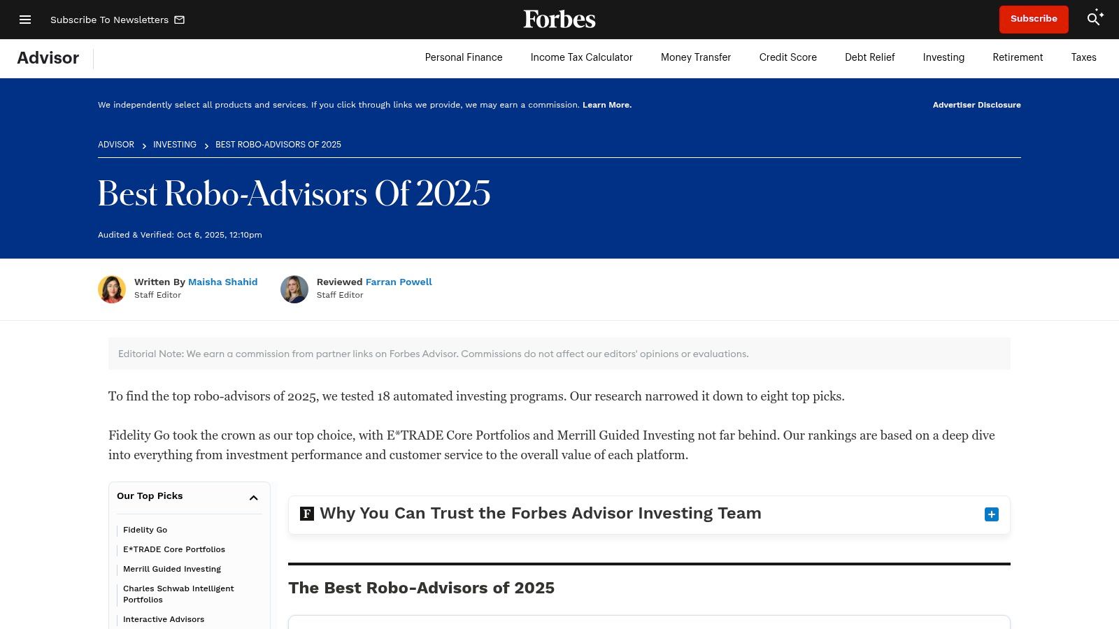 Forbes Advisor – Best Robo-Advisors