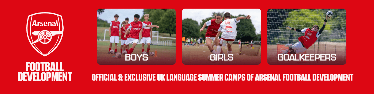 Arsenal football camps for boys, girls and goalkeepers banner.