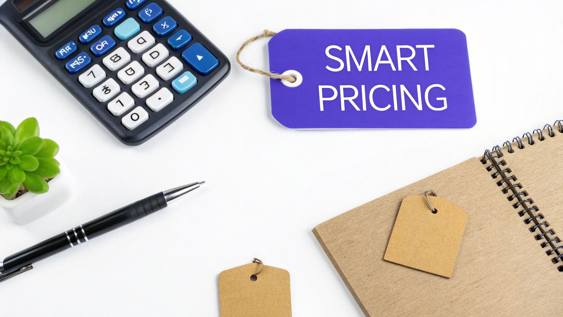 Smart pricing concept with a calculator, pen, plant, and notebooks on a white desk.