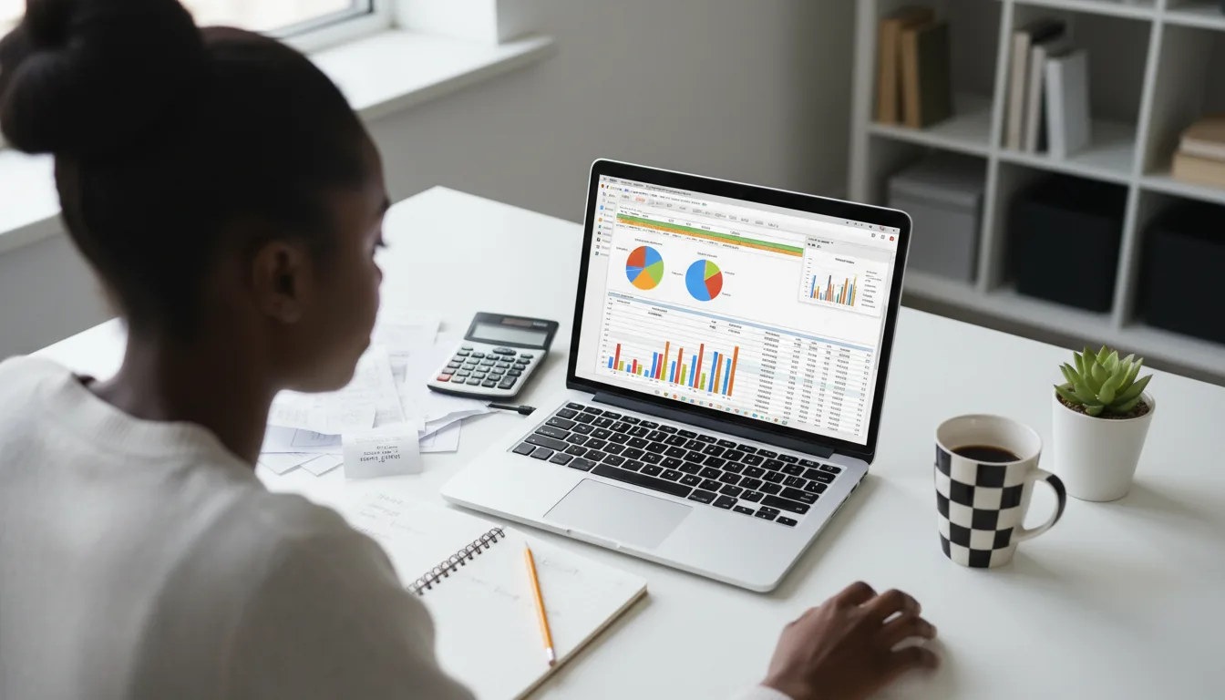 High-angle over-the-shoulder DSLR photograph of a Black woman organizing finances at a clean white desk. A silver laptop is open, displaying spreadsheet software with colorful charts and data visualizations. On the desk are paper receipts, a calculator, a spiral notebook with a pencil, a black-and-white checkered coffee mug, and a small potted plant. The scene is brightly lit with soft, natural daylight, creating a sharp focus on the entire workspace.
