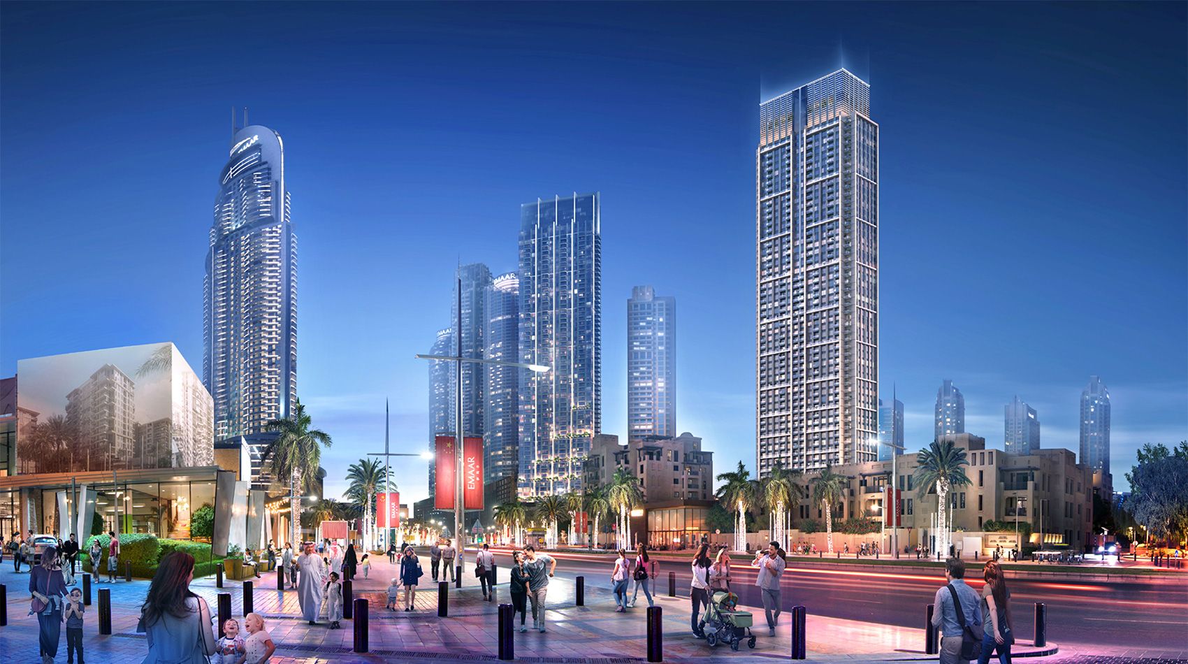 Modern high-rise residential tower in Downtown Dubai located near vibrant pedestrian walkways and retail hubs.