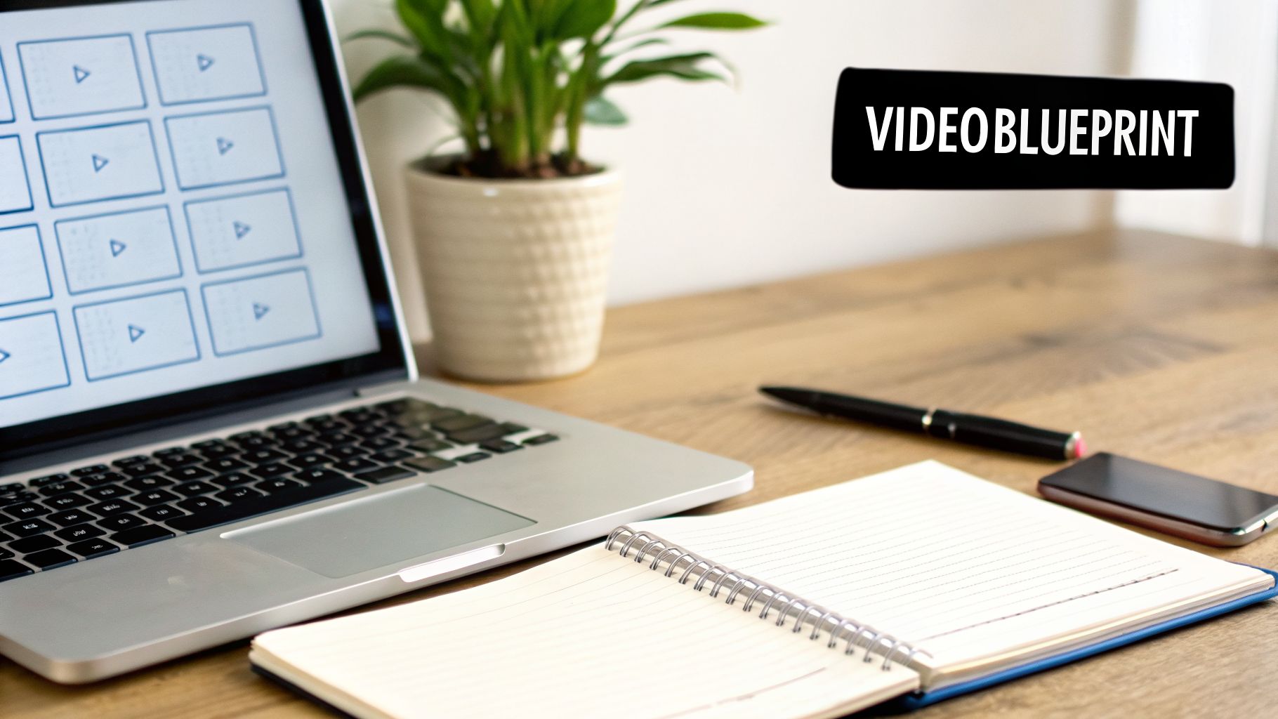 A desk setup with a laptop displaying video blueprints, a notebook, pen, and phone, with a plant in the background.