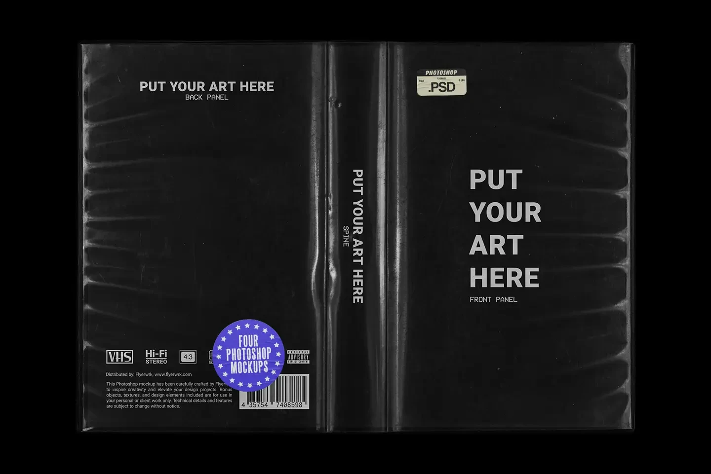 Vintage VHS cassette tape case mockup open layout showing front back and spine