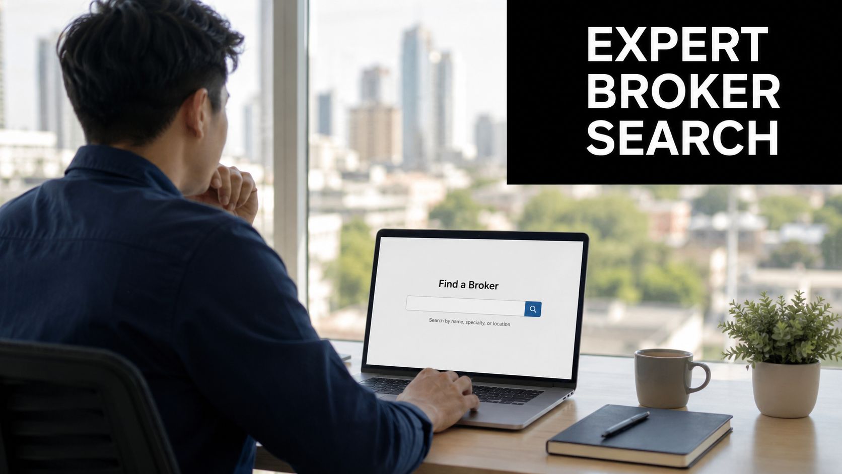 A professional man sitting at a desk searching for a financial broker on his laptop computer.