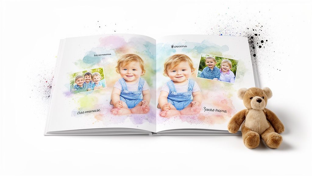 An open baby book with two pages showing smiling babies in overalls, colorful watercolor splashes, next to a brown teddy bear.