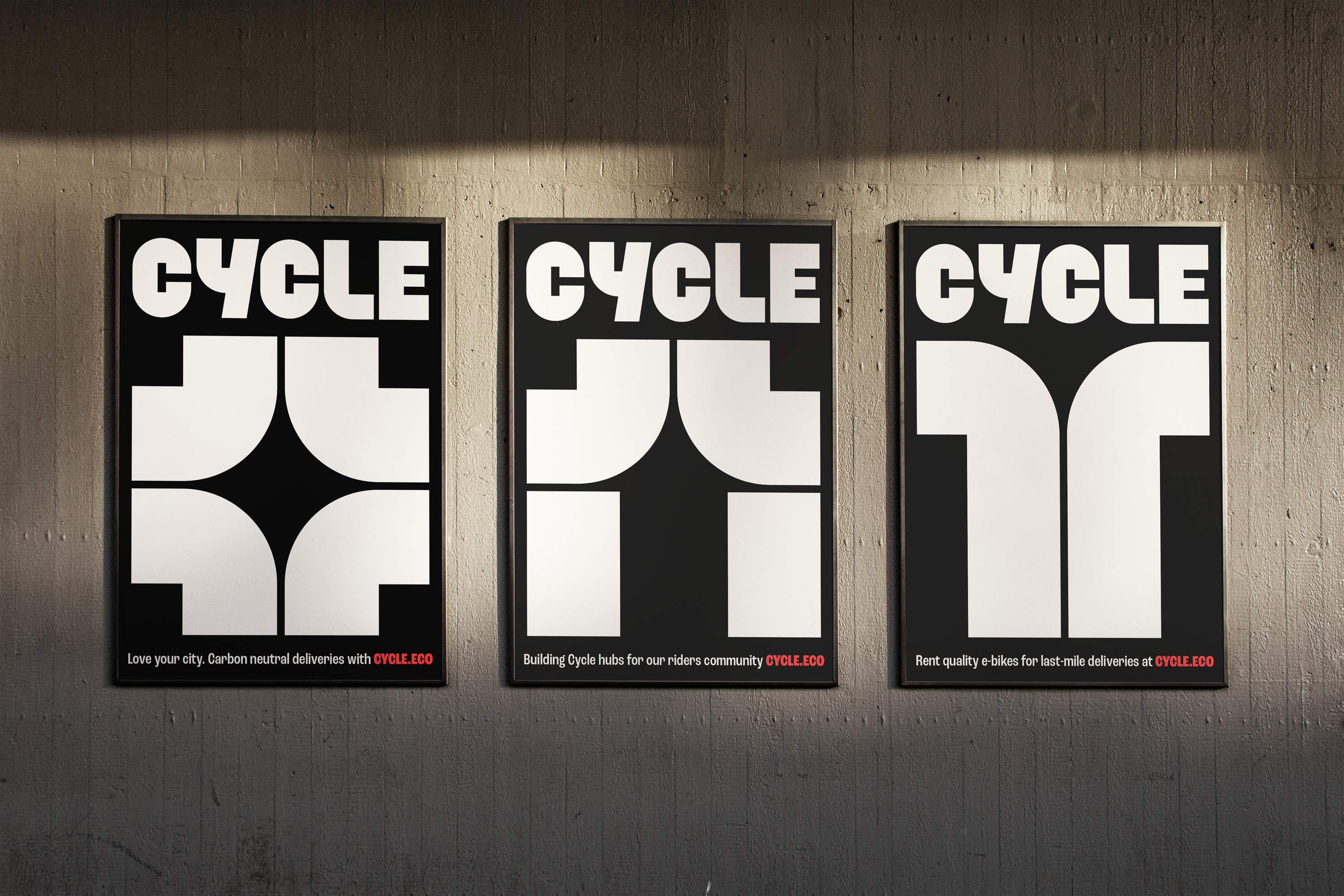 3 posters showing different icons from Cycle's brand identity