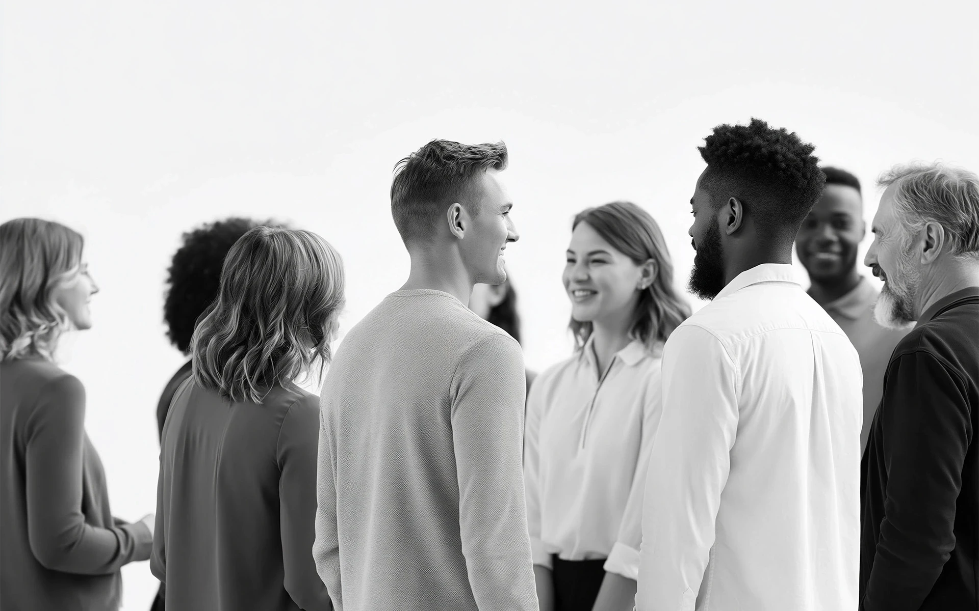 A black and white photo of a diverse group of people standing in a circle, smiling and conversing against a plain background.