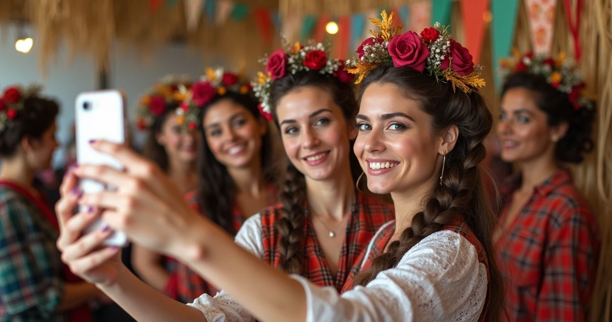 Clientes tirando selfies com penteado e maquiagem de festa junina em salão de beleza 