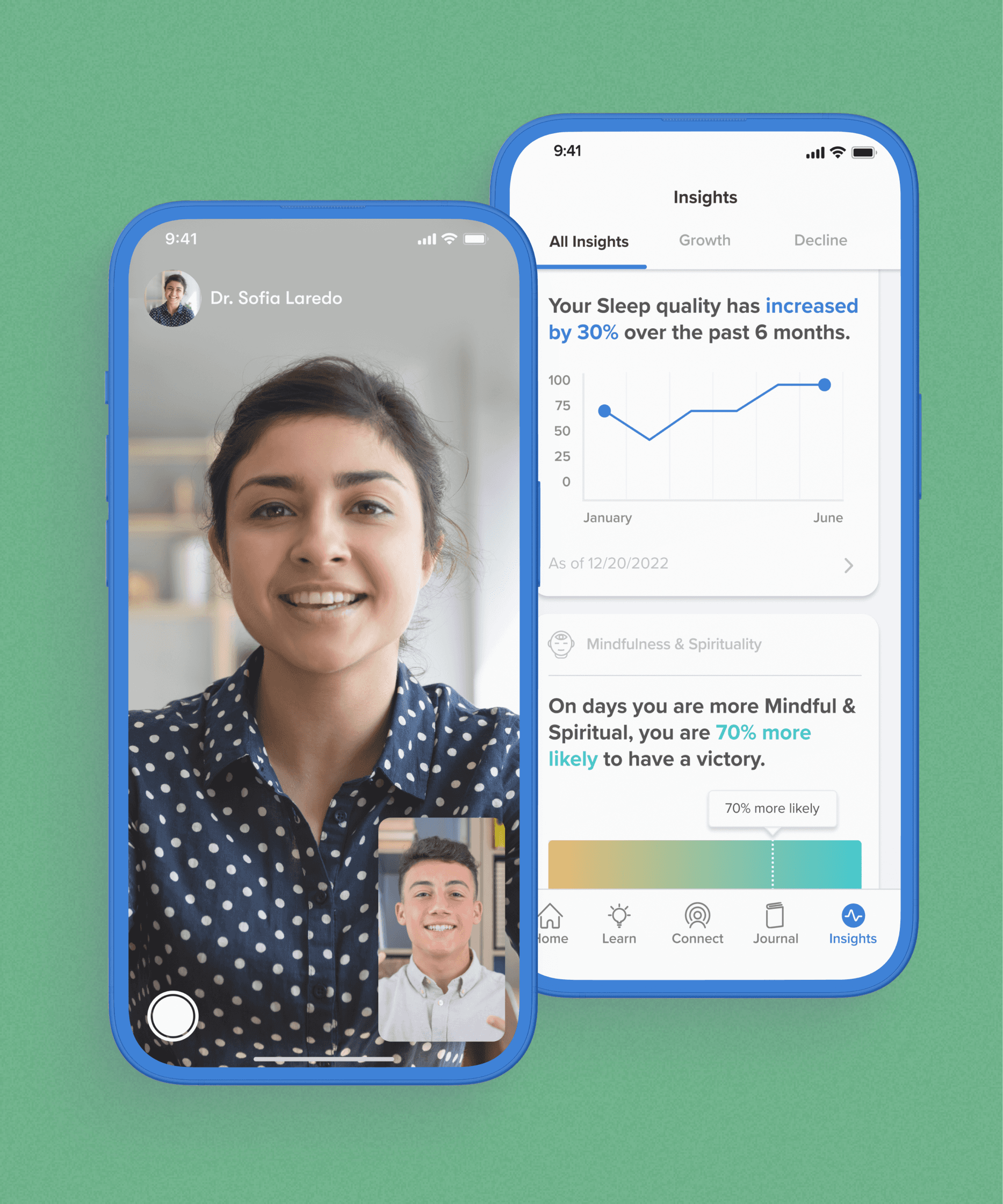 An image of a mockup of the Imapct Suite app on phones. The phones show the teletherapy feature of the app and the Insights feature. 