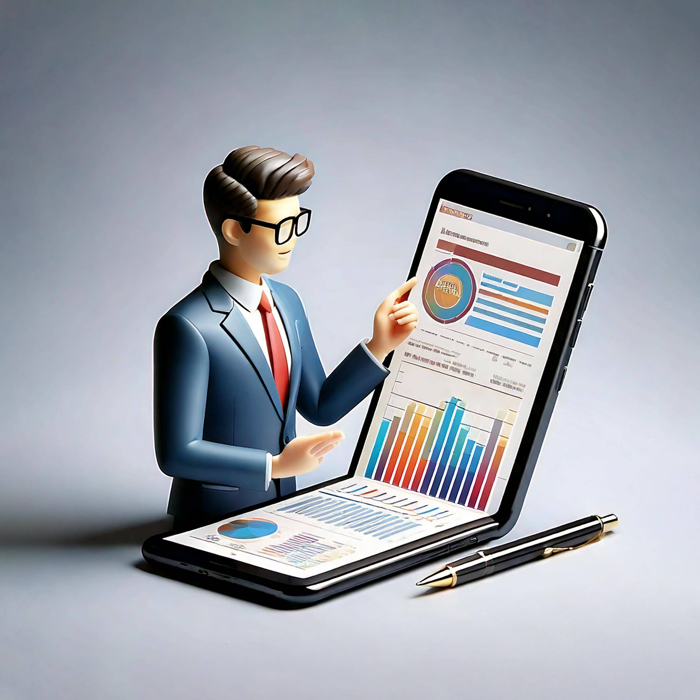 Mann im Anzug erklärt verschiedenen Diagramme auf einem klappbaren Smartphone.
