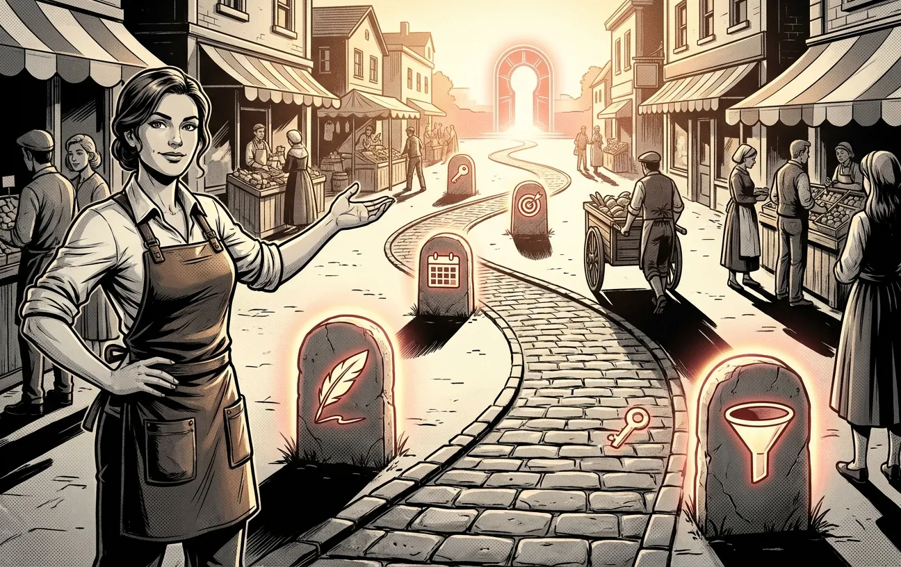 Woman in market scene symbolizes RockN' Socials Digital Marketing Agency.