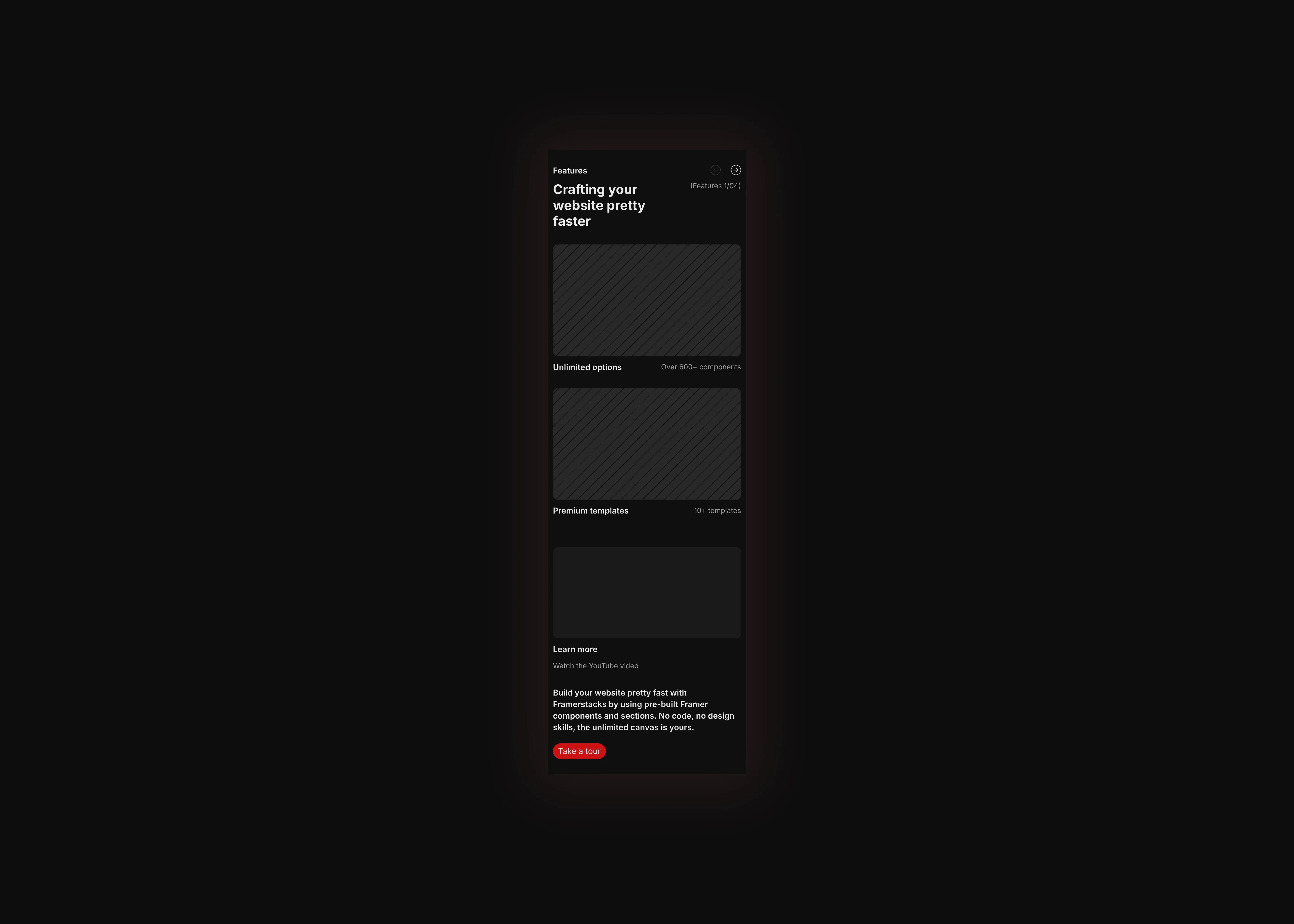 a simple dark themed features ui design which can embed both images and video. optimized for mobile devices.