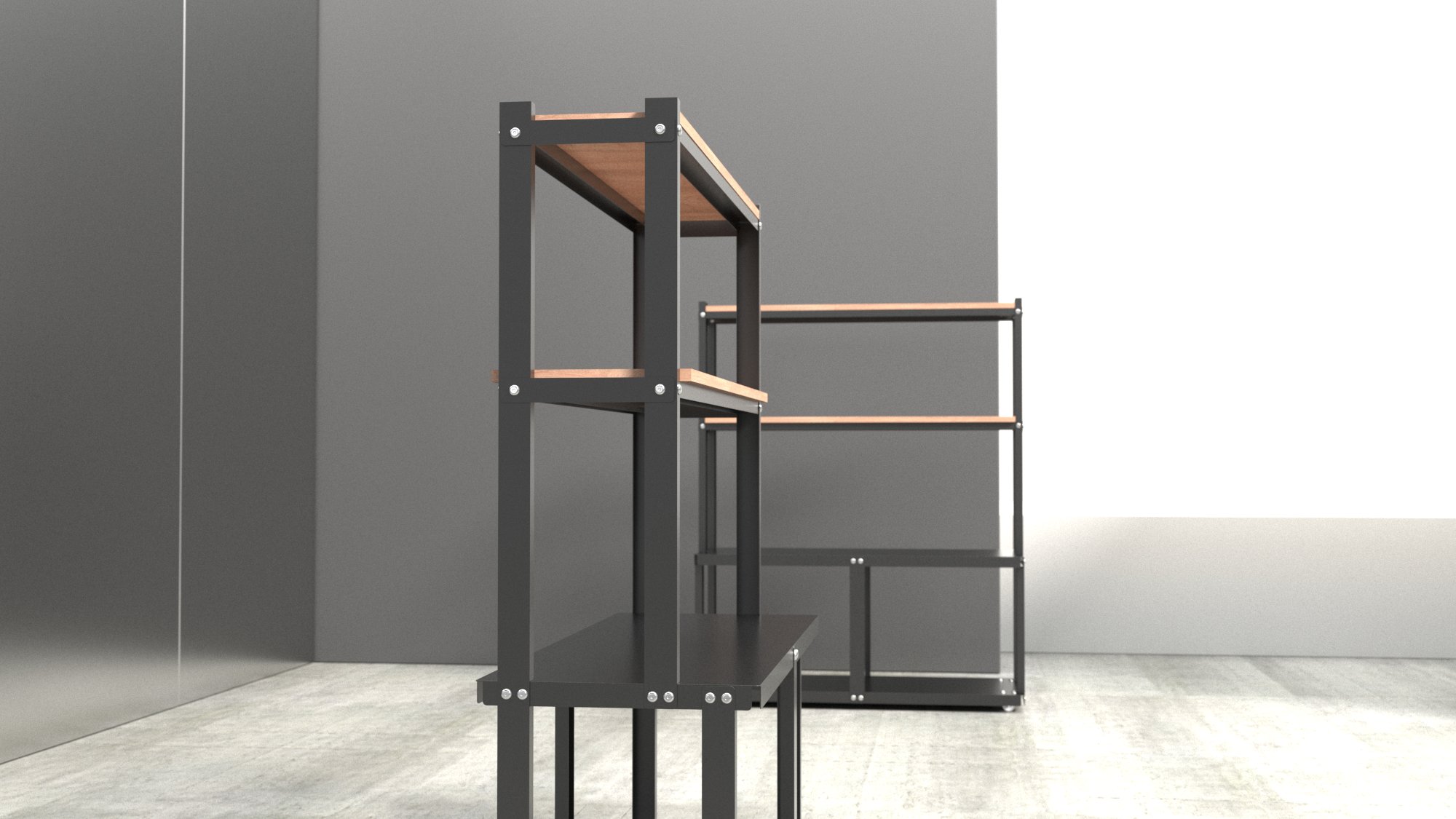 StrucShelf 금속 프레임과 목재 선반 조합의 사선 전경 뷰 – 견고한 구조형 모듈 시스템, Studio Underscore 디자인