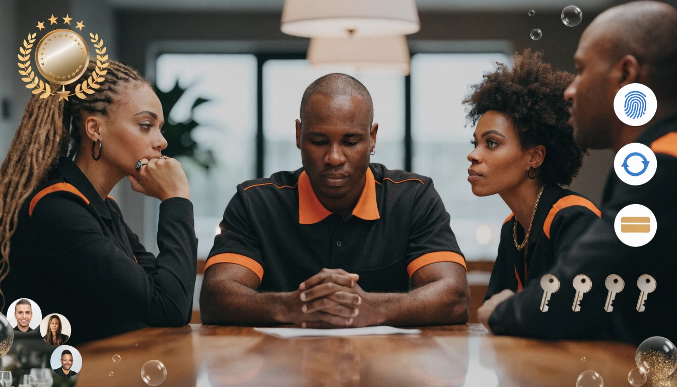 a professional service business website showing trust signals like reviews, certifications, team photos, secure payment icons, and clear contact details, presented as a clean UX audit mockup