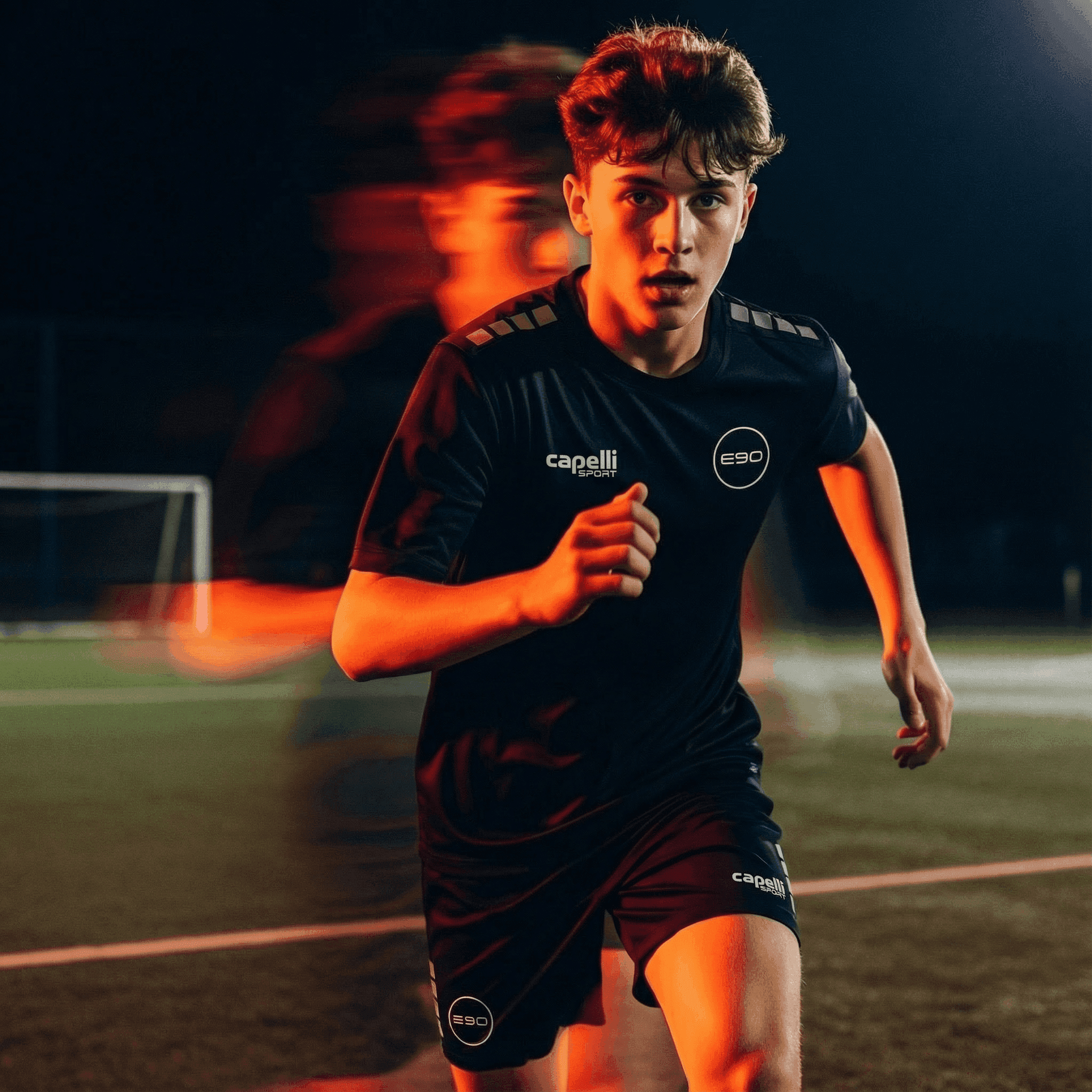 A stylish individual in a black shirt and silver pants stands against a blurred background, creating a dynamic and modern aesthetic.