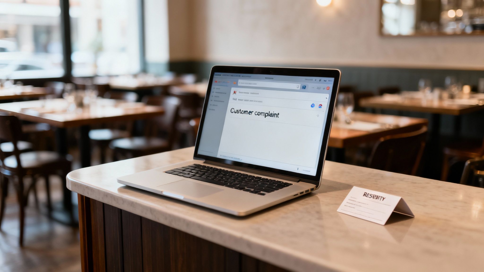 A laptop displaying a 'Customer complaint' form on a marble counter in an empty restaurant.