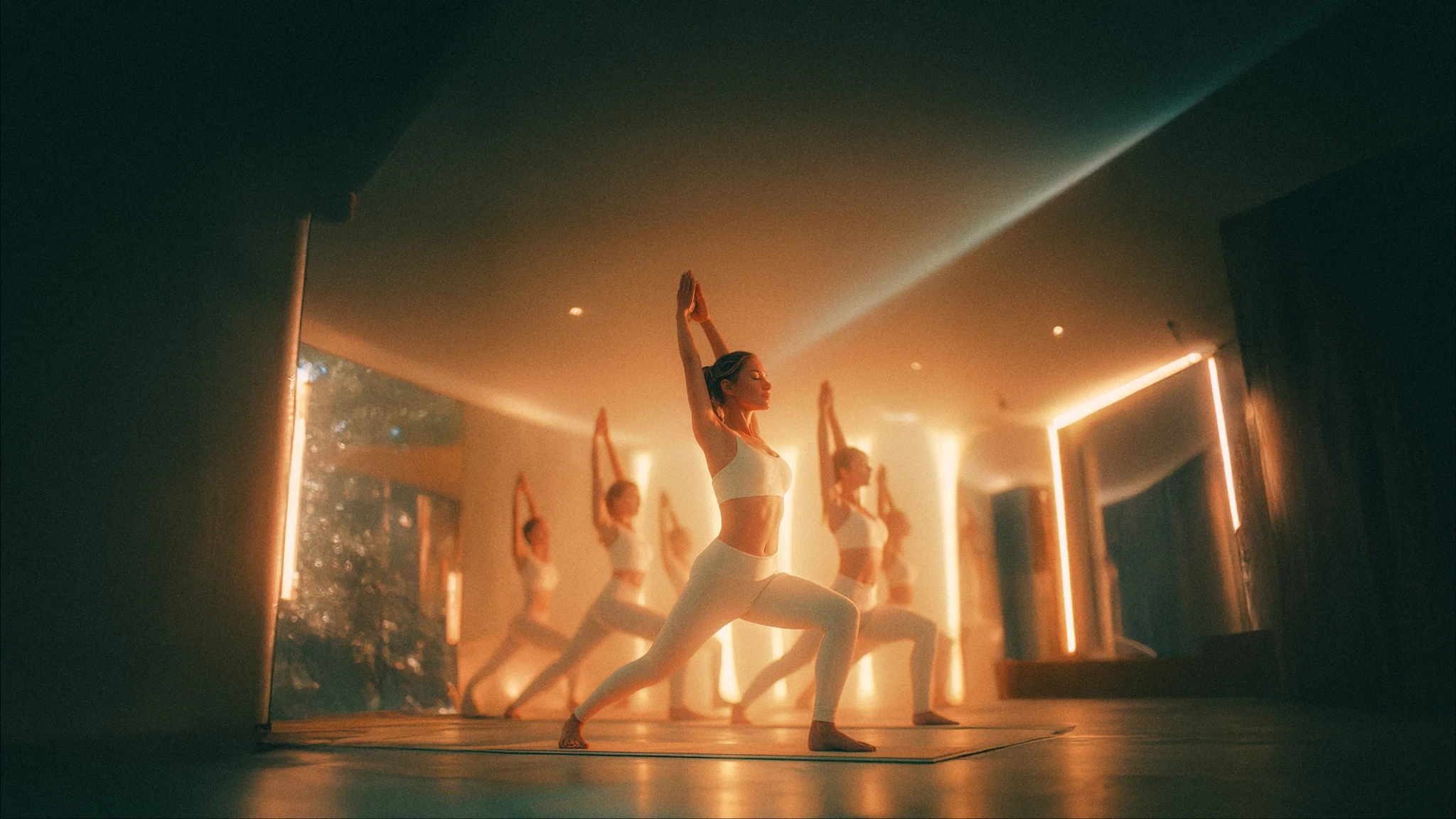 Yoga class holding a warrior pose in warm light