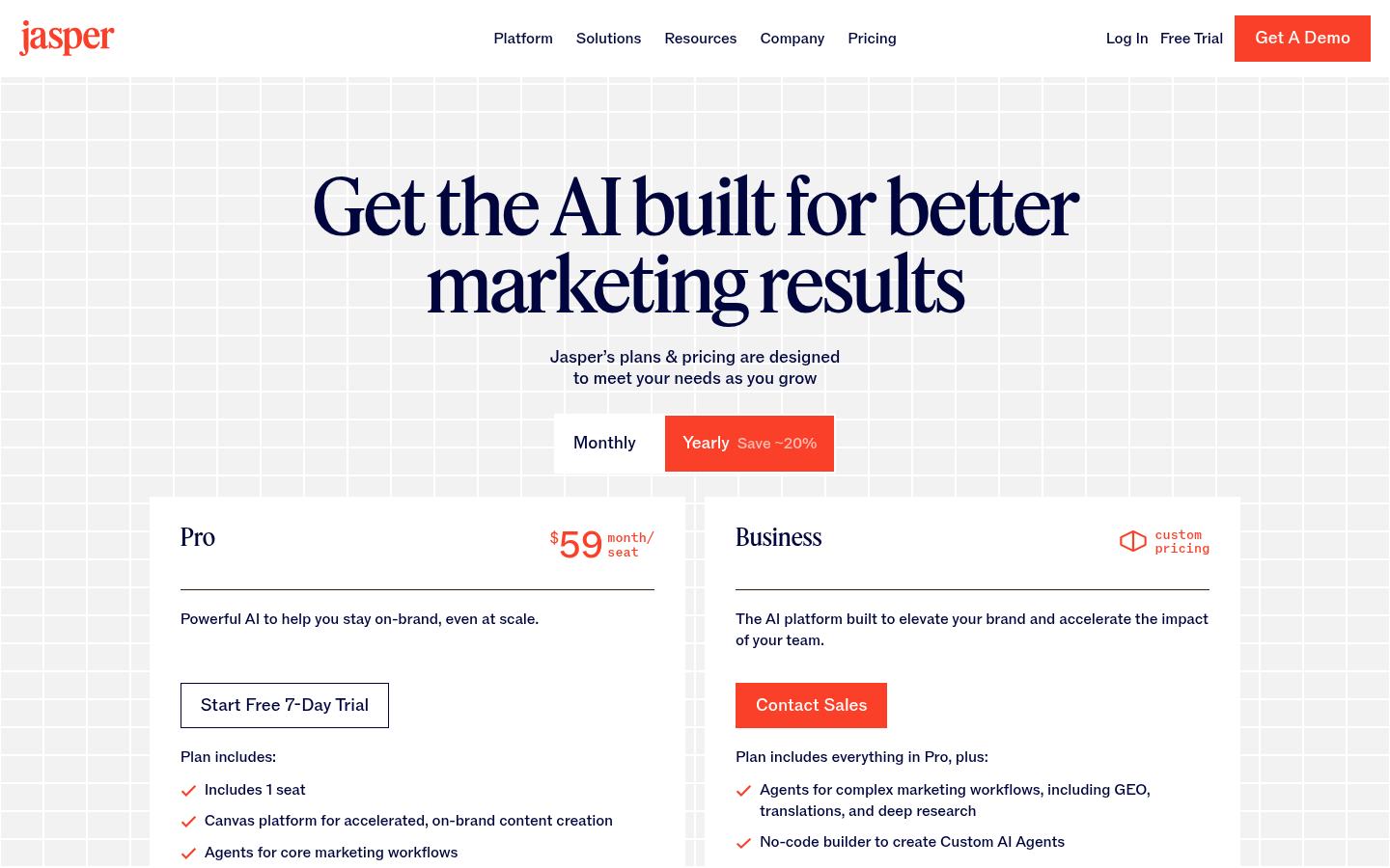 Jasper public pricing page showing Pro and Business plans