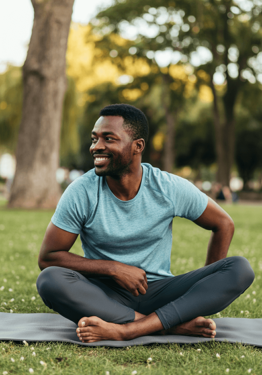 mid shot of dark man doing yoga in a park smiling looking away from camera, left of the shot