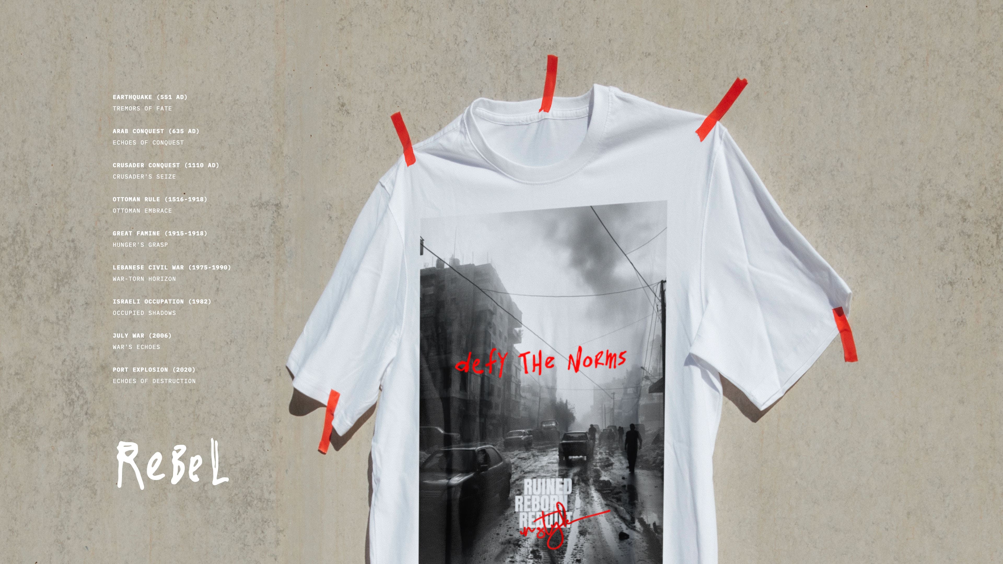 beirut tshirt rooted in Lebanon's resilient history with a tagline Ruined Reborn Rebuilt