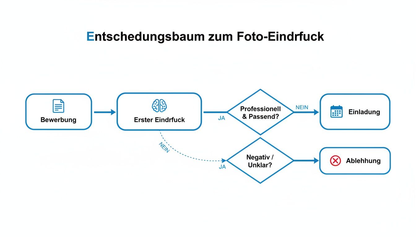 Entscheidungsbaum zum Foto-Eindruck einer Bewerbung, der zu Einladung oder Ablehnung führt.