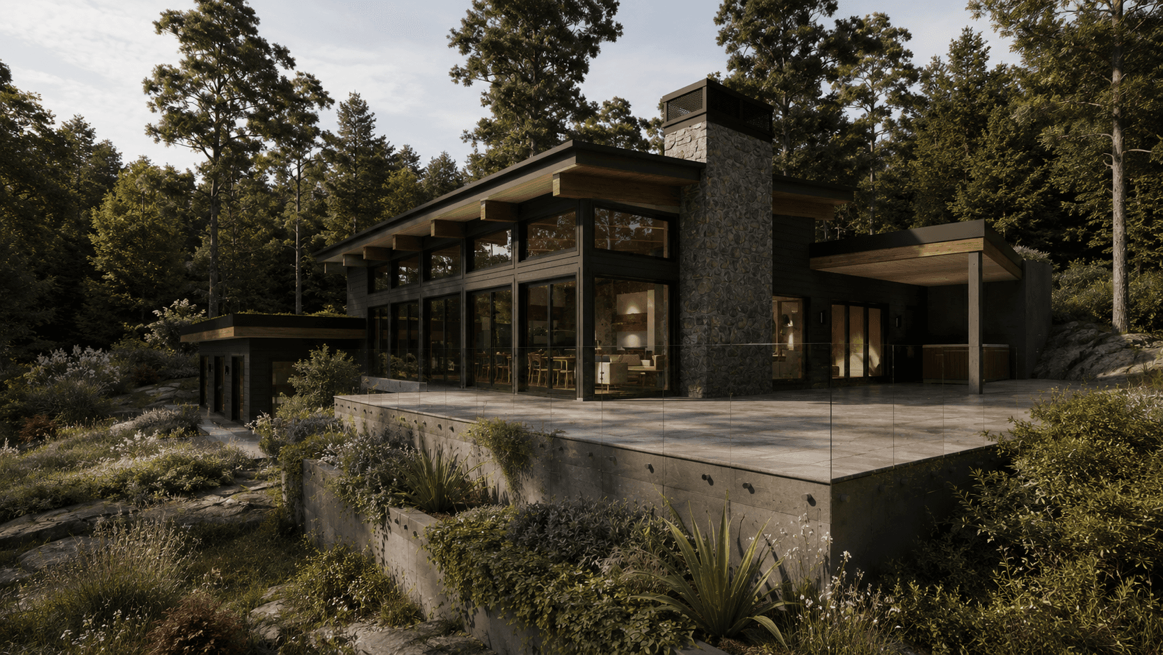 mid-century modern custom home approaching from top of the mountain