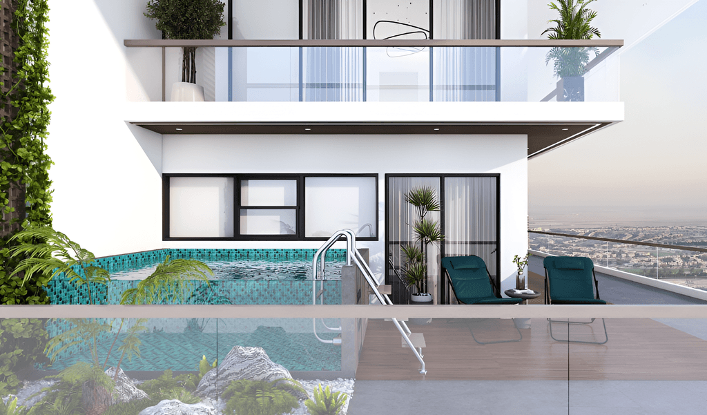 Rose Gold Residences showcasing contemporary design with rose gold accents and vibrant greenery surrounding the building.