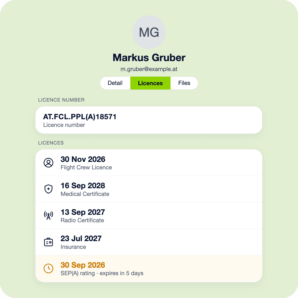 Club member profile with qualifications and flight history