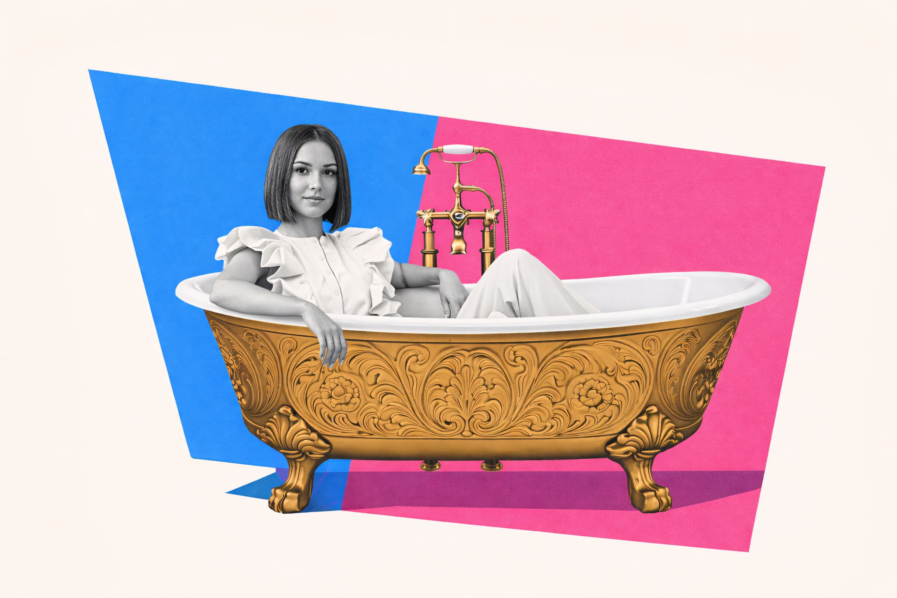 Editorial collage illustration of a hospitality interior designer planning FF&E specifications, featuring a vintage clawfoot bathtub and bold blue and pink geometric background representing structured design and luxury execution.